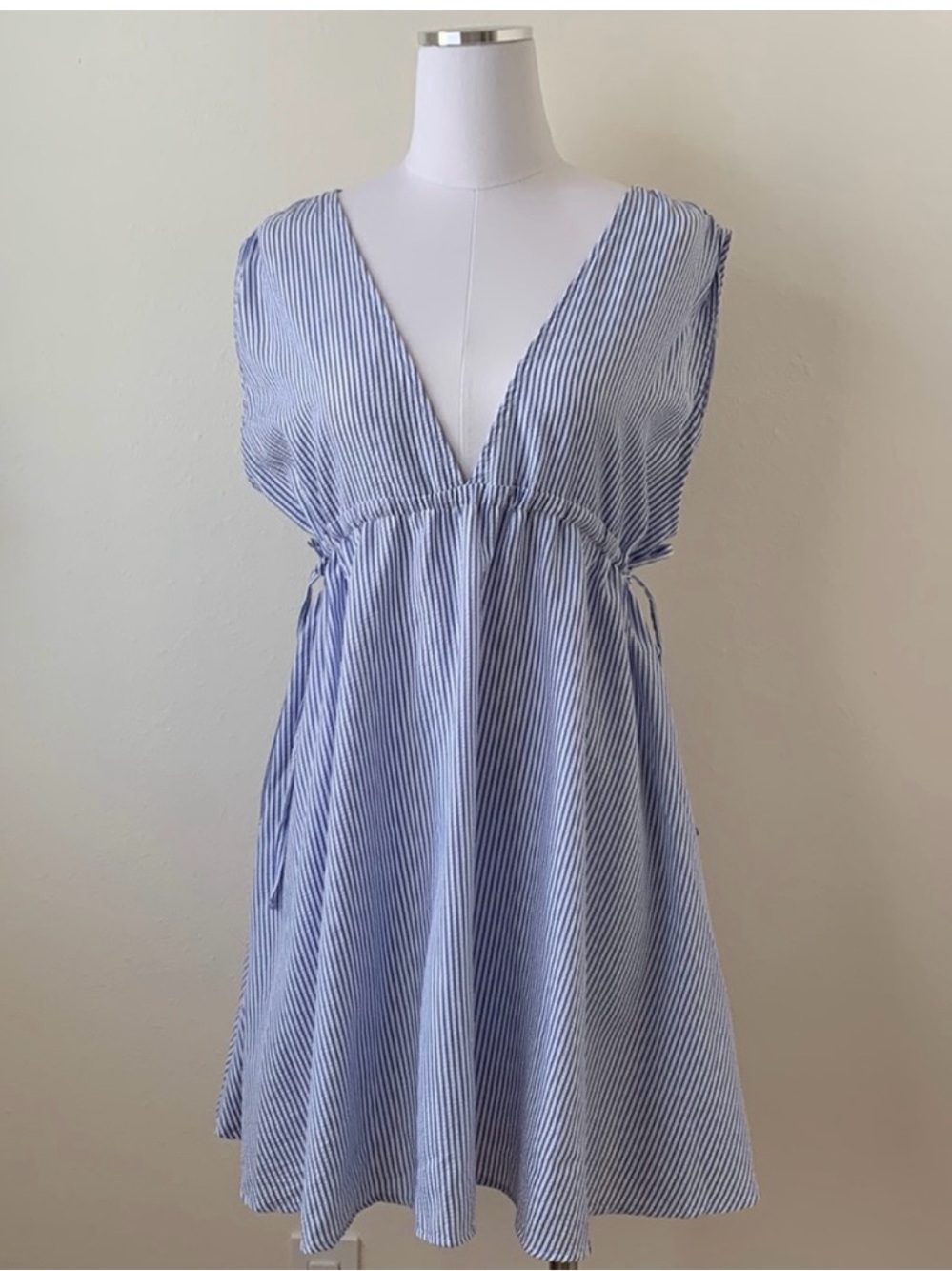 ASOS Blue & White Striped Open Back Tie Sleeve Mini Dress Size 8 Coastal Beach